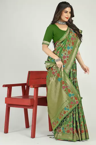 Green banarasi silk blend saree with multicolor floral zari weaving