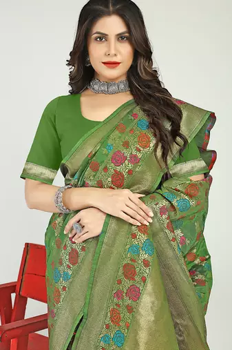 Green banarasi silk blend saree with multicolor floral zari weaving