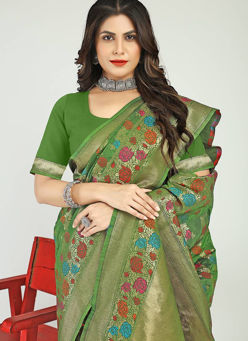 Green banarasi silk blend saree with multicolor floral zari weaving
