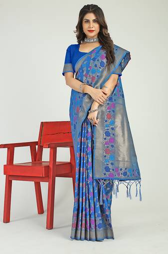 Royal blue banarasi silk blend saree with multicolor floral zari weaving