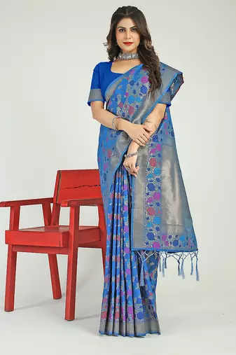 Royal blue banarasi silk blend saree with multicolor floral zari weaving