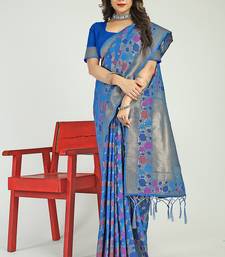 Royal blue banarasi silk blend saree with multicolor floral zari weaving