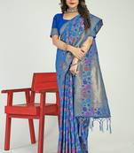 Royal blue banarasi silk blend saree with multicolor floral zari weaving