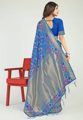Royal blue banarasi silk blend saree with multicolor floral zari weaving 2