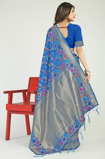 Royal blue banarasi silk blend saree with multicolor floral zari weaving