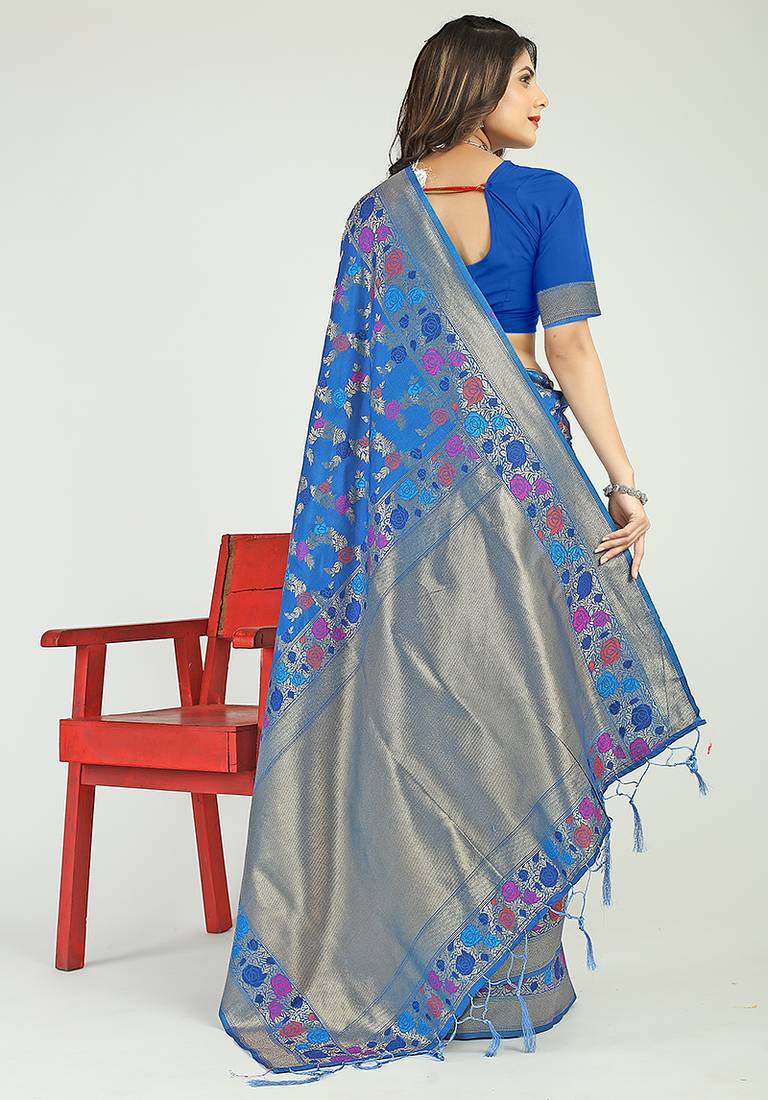 Royal blue banarasi silk blend saree with multicolor floral zari weaving