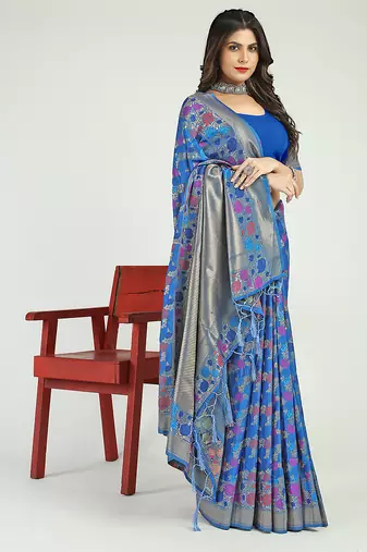 Royal blue banarasi silk blend saree with multicolor floral zari weaving