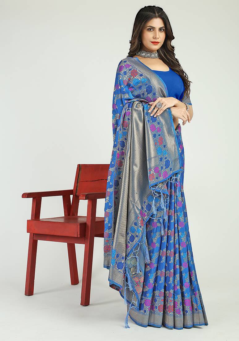 Royal blue banarasi silk blend saree with multicolor floral zari weaving