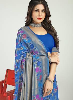Royal blue banarasi silk blend saree with multicolor floral zari weaving 4