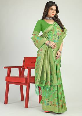 Light green banarasi silk blend saree with multicolor floral zari weaving 1