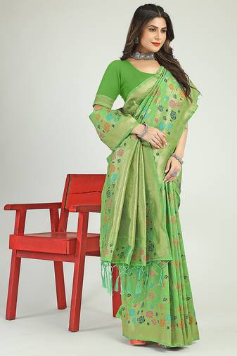 Light green banarasi silk blend saree with multicolor floral zari weaving