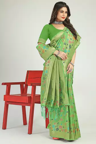 Light green banarasi silk blend saree with multicolor floral zari weaving
