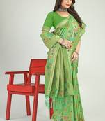 Light green banarasi silk blend saree with multicolor floral zari weaving
