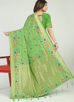 Light green banarasi silk blend saree with multicolor floral zari weaving 2