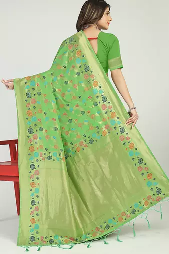 Light green banarasi silk blend saree with multicolor floral zari weaving