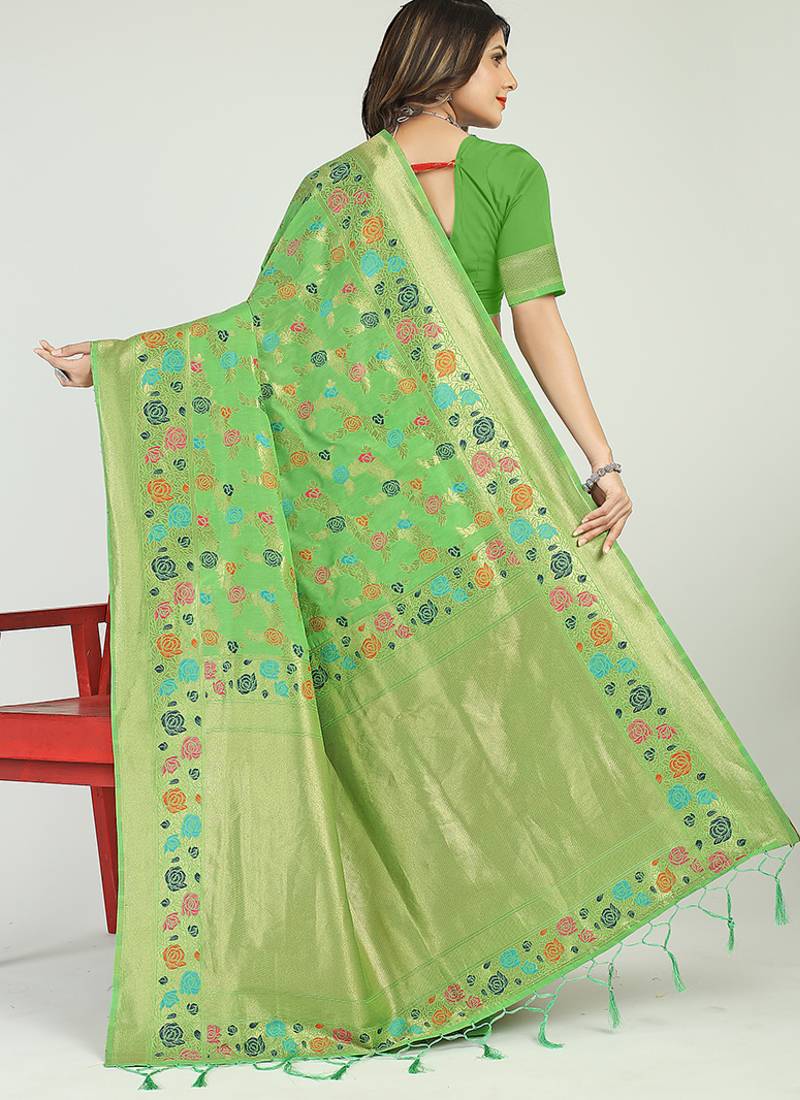 Light green banarasi silk blend saree with multicolor floral zari weaving