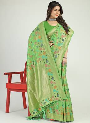 Light green banarasi silk blend saree with multicolor floral zari weaving 3