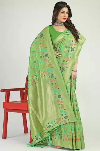 Light green banarasi silk blend saree with multicolor floral zari weaving