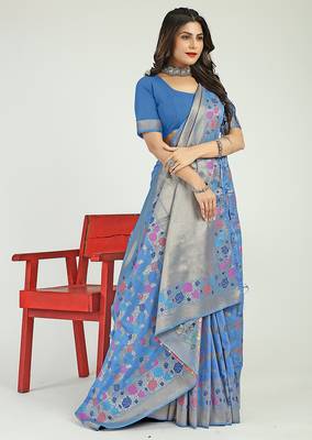 Sky blue banarasi silk blend saree with multicolor floral zari weaving 1