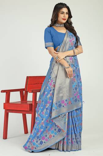 Sky blue banarasi silk blend saree with multicolor floral zari weaving