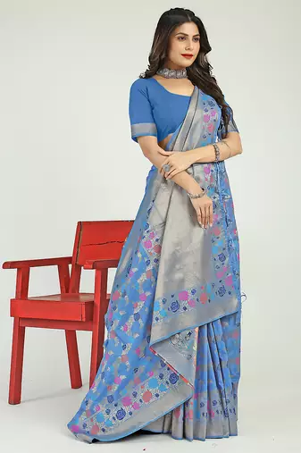 Sky blue banarasi silk blend saree with multicolor floral zari weaving