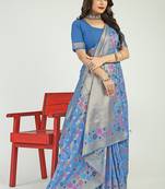 Sky blue banarasi silk blend saree with multicolor floral zari weaving