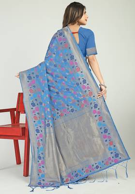 Sky blue banarasi silk blend saree with multicolor floral zari weaving 2