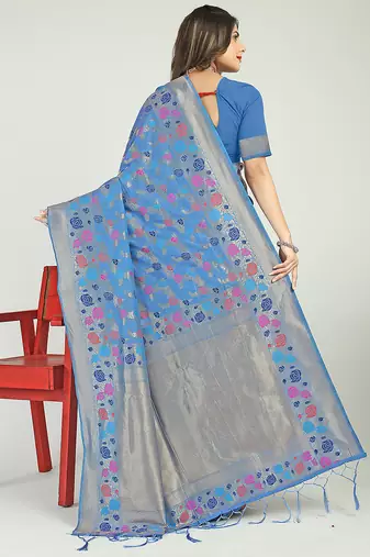 Sky blue banarasi silk blend saree with multicolor floral zari weaving