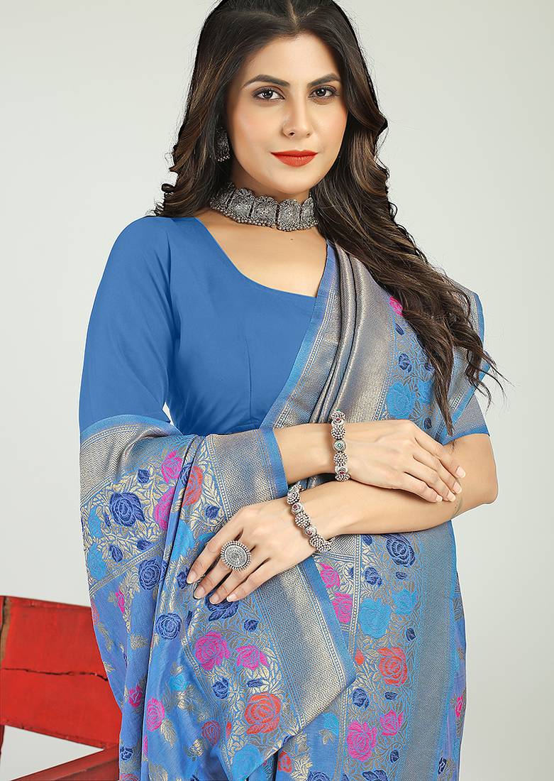 Sky blue banarasi silk blend saree with multicolor floral zari weaving
