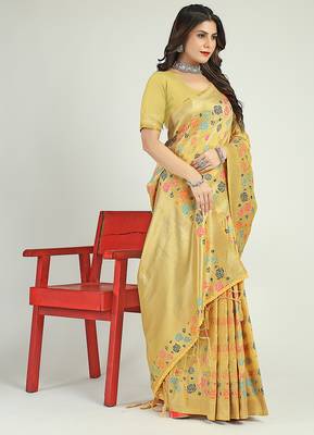 Light yellow banarasi silk blend saree with multicolor floral zari weaving 1