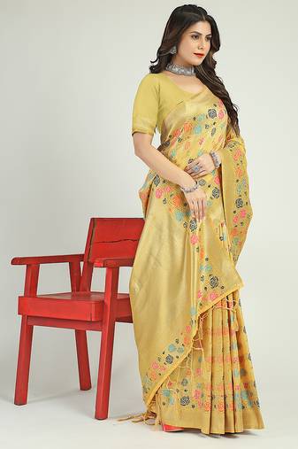 Light yellow banarasi silk blend saree with multicolor floral zari weaving