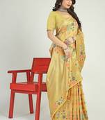 Light yellow banarasi silk blend saree with multicolor floral zari weaving