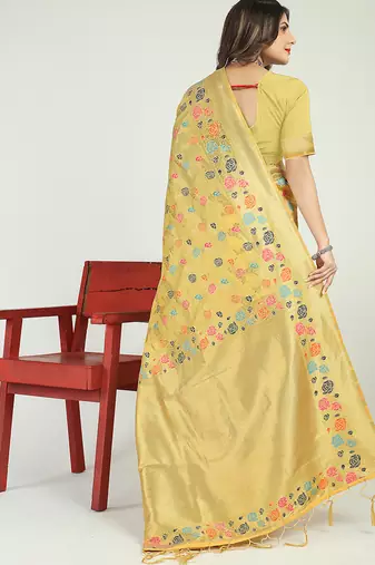 Light yellow banarasi silk blend saree with multicolor floral zari weaving
