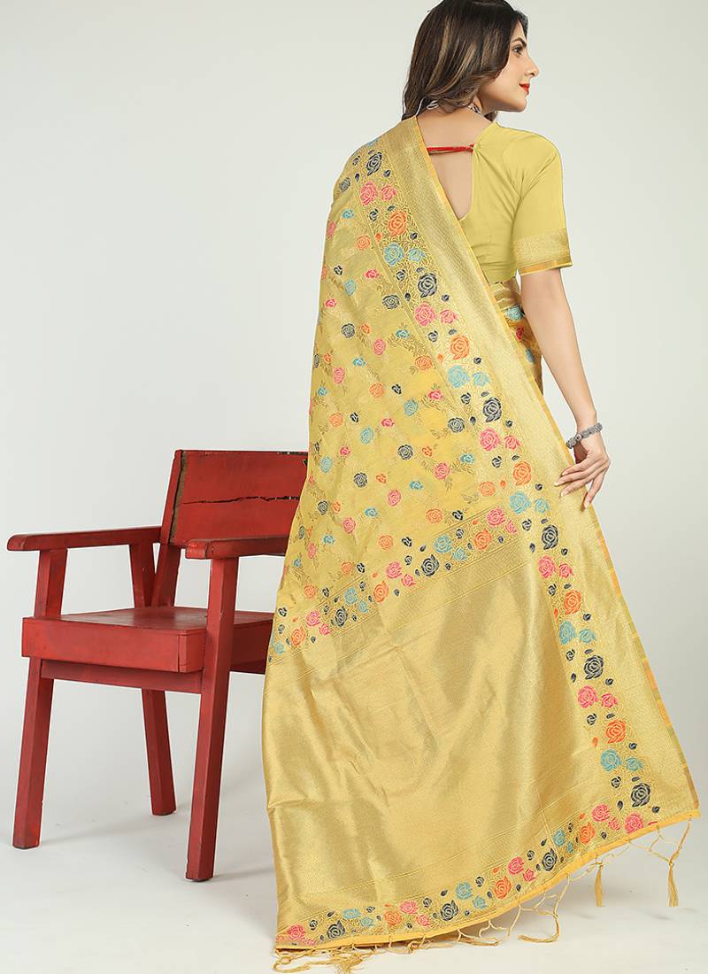 Light yellow banarasi silk blend saree with multicolor floral zari weaving