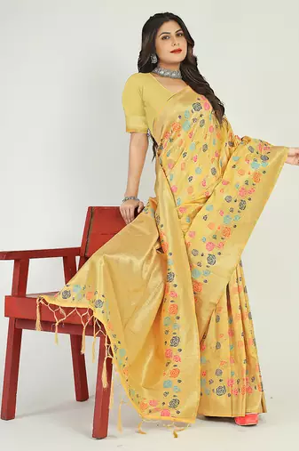 Light yellow banarasi silk blend saree with multicolor floral zari weaving