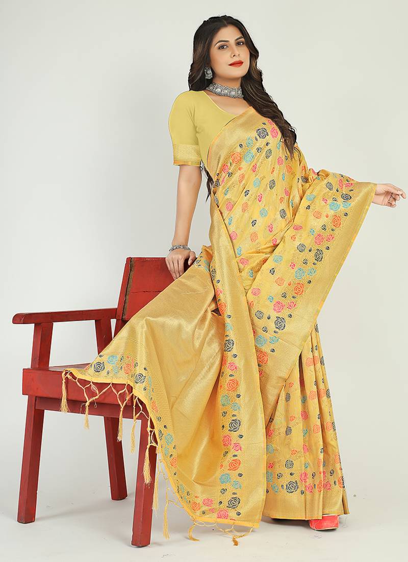 Light yellow banarasi silk blend saree with multicolor floral zari weaving