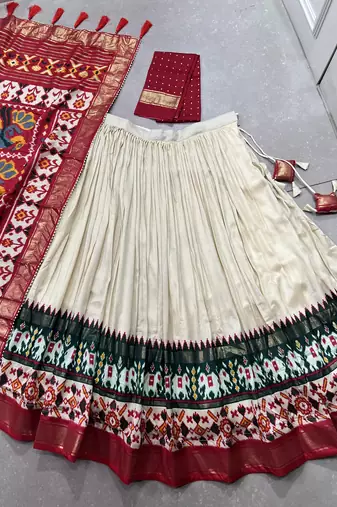 Women's Tussar Silk With Patola Print And Foil Work Lehenga Choli