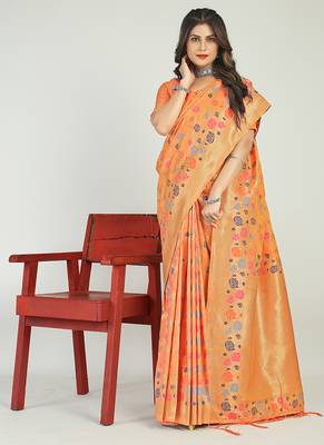 Peach banarasi silk blend saree with multicolor floral zari weaving 1