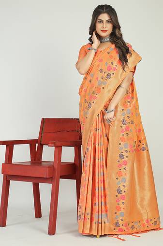 Peach banarasi silk blend saree with multicolor floral zari weaving