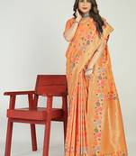Peach banarasi silk blend saree with multicolor floral zari weaving
