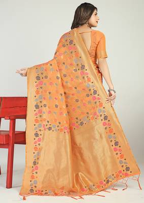Peach banarasi silk blend saree with multicolor floral zari weaving 2