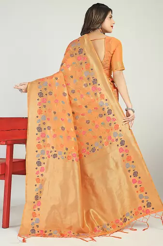 Peach banarasi silk blend saree with multicolor floral zari weaving