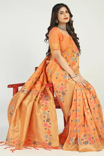 Peach banarasi silk blend saree with multicolor floral zari weaving