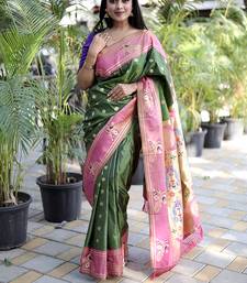 Dark green paithani silk blend saree with contrast border & zari floral weaving