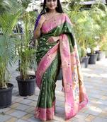 Dark green paithani silk blend saree with contrast border & zari floral weaving