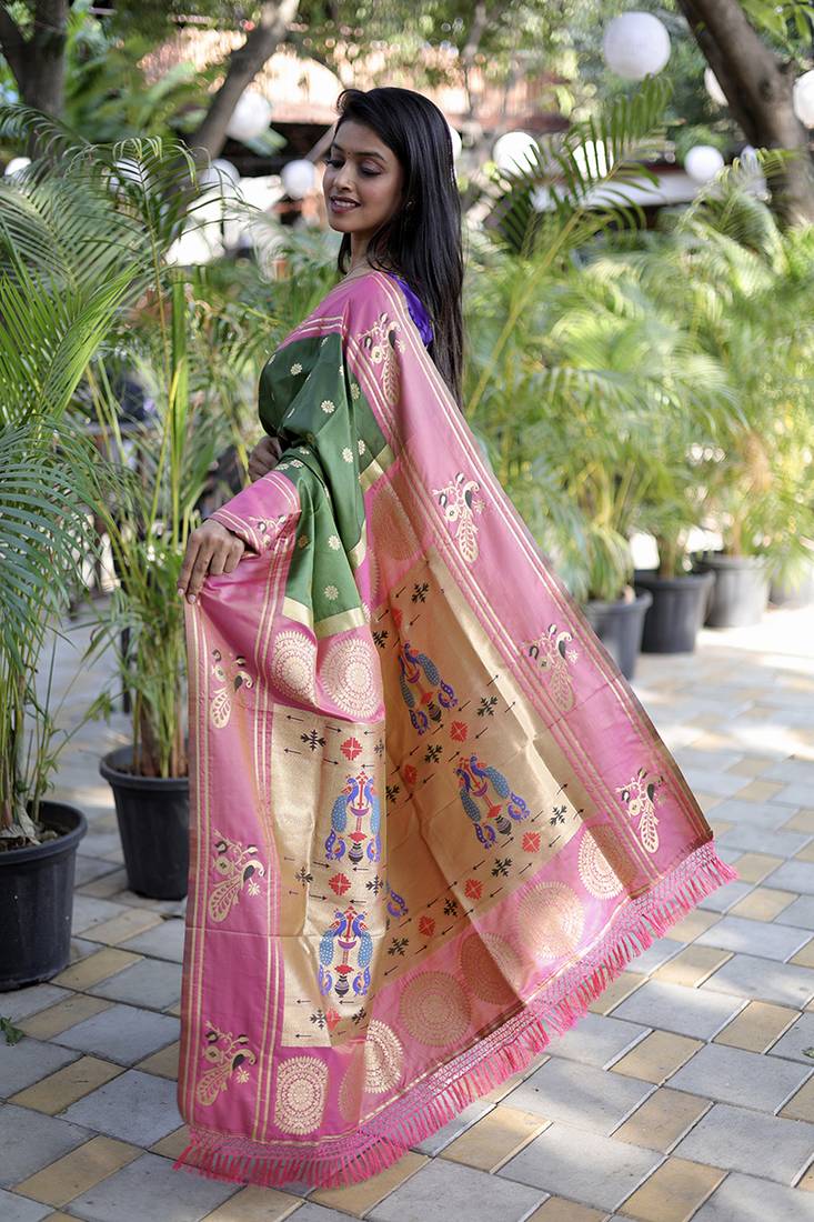 Dark green paithani silk blend saree with contrast border & zari floral weaving