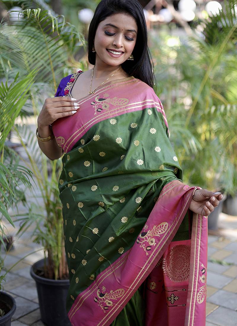 Dark green paithani silk blend saree with contrast border & zari floral weaving