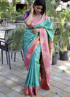 Aqua blue paithani silk blend saree with contrast border & zari floral weaving 1