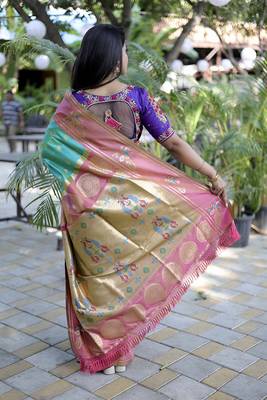 Aqua blue paithani silk blend saree with contrast border & zari floral weaving 2