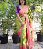Light green paithani silk blend saree with contrast border & zari floral weaving